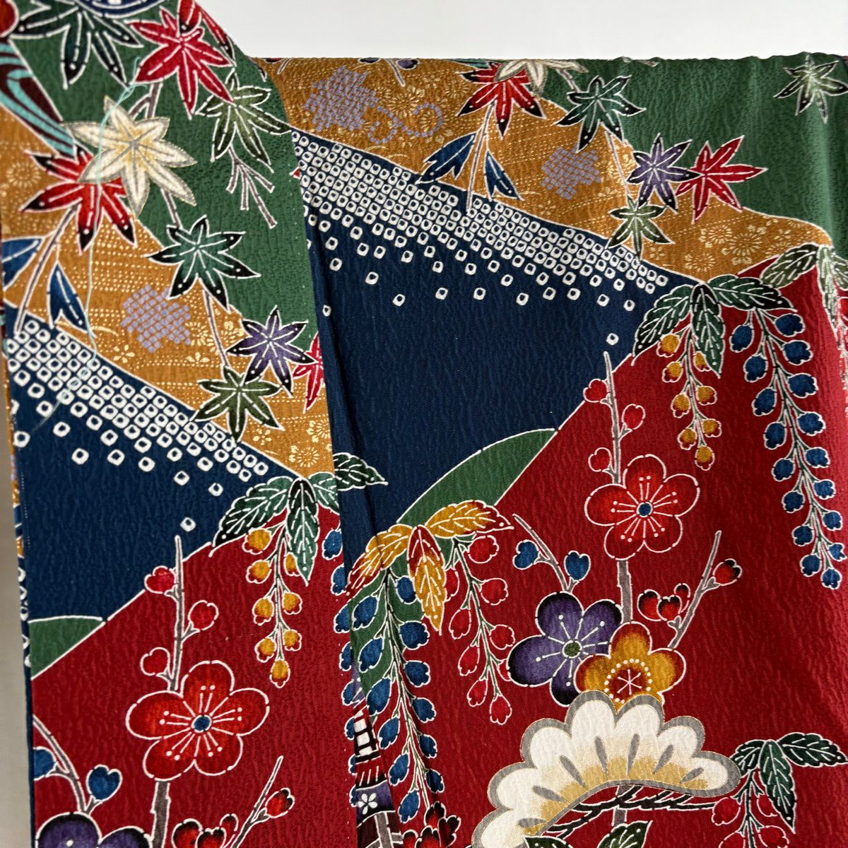 【美品】振袖禮服 身長164.5cm 袖長67cm M 雙層 袋帶全套 松樹 家屋 金銀彩 染分 えんじ 純蠶絲 秀品級