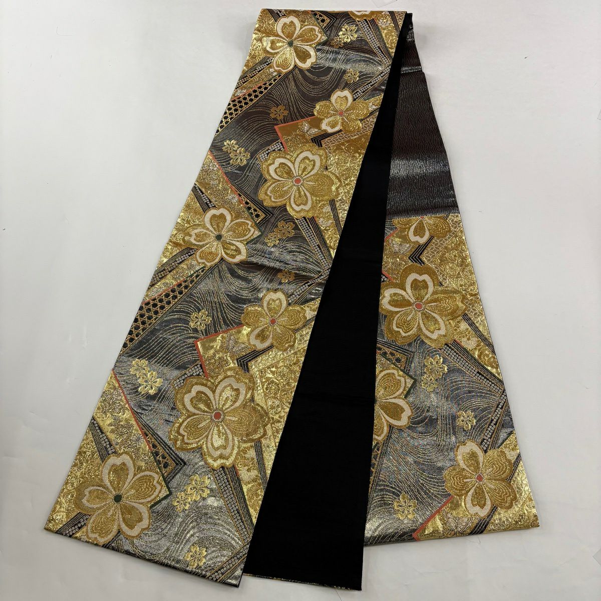 【美品】振袖禮服 身長164.5cm 袖長67cm M 雙層 袋帶全套 松樹 家屋 金銀彩 染分 えんじ 純蠶絲 秀品級