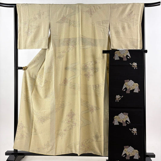 【美品】 小紋 身長157cm 袖長65cm M 雙層 袋帶套裝 流水 華紋 刺繡 抹茶 純蠶絲 秀品級
