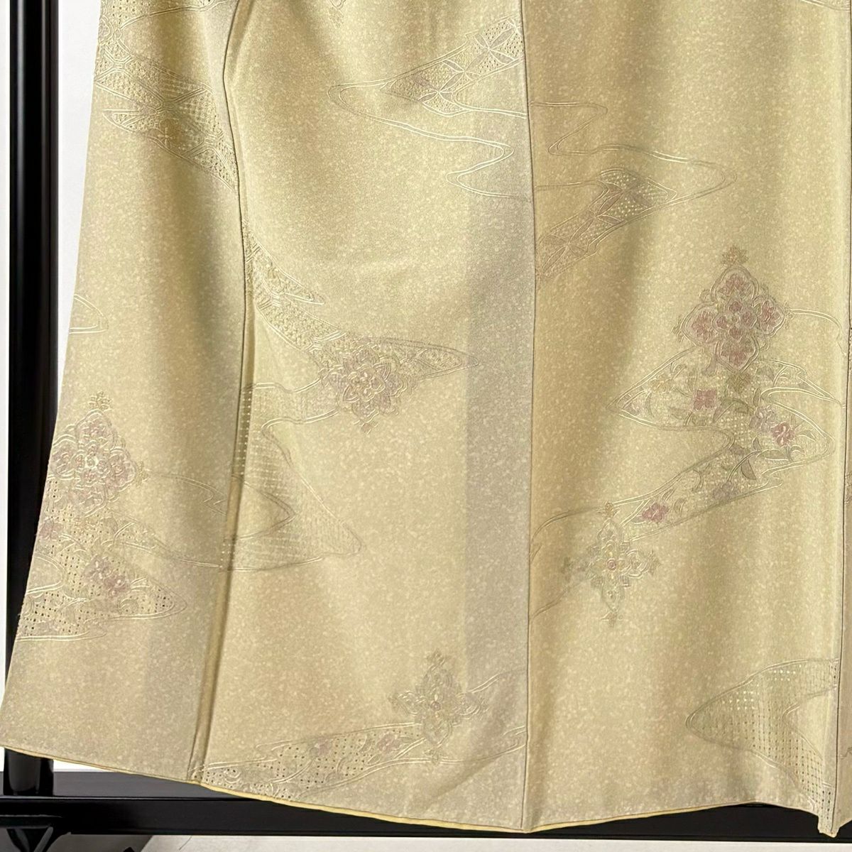 【美品】 小紋 身長157cm 袖長65cm M 雙層 袋帶套裝 流水 華紋 刺繡 抹茶 純蠶絲 秀品級