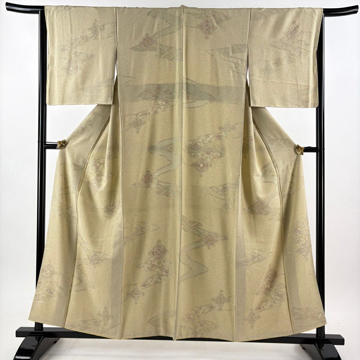 【美品】 小紋 身長157cm 袖長65cm M 雙層 袋帶套裝 流水 華紋 刺繡 抹茶 純蠶絲 秀品級