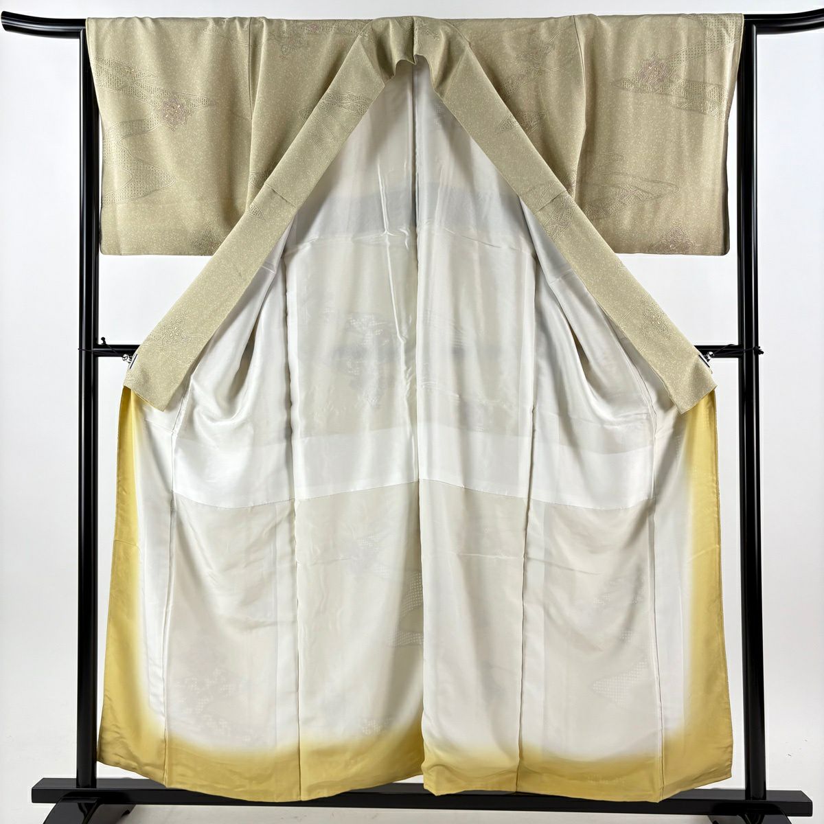 【美品】 小紋 身長157cm 袖長65cm M 雙層 袋帶套裝 流水 華紋 刺繡 抹茶 純蠶絲 秀品級