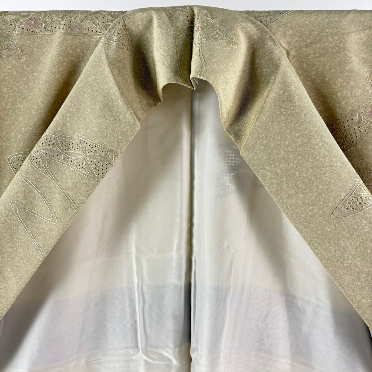 【美品】 小紋 身長157cm 袖長65cm M 雙層 袋帶套裝 流水 華紋 刺繡 抹茶 純蠶絲 秀品級