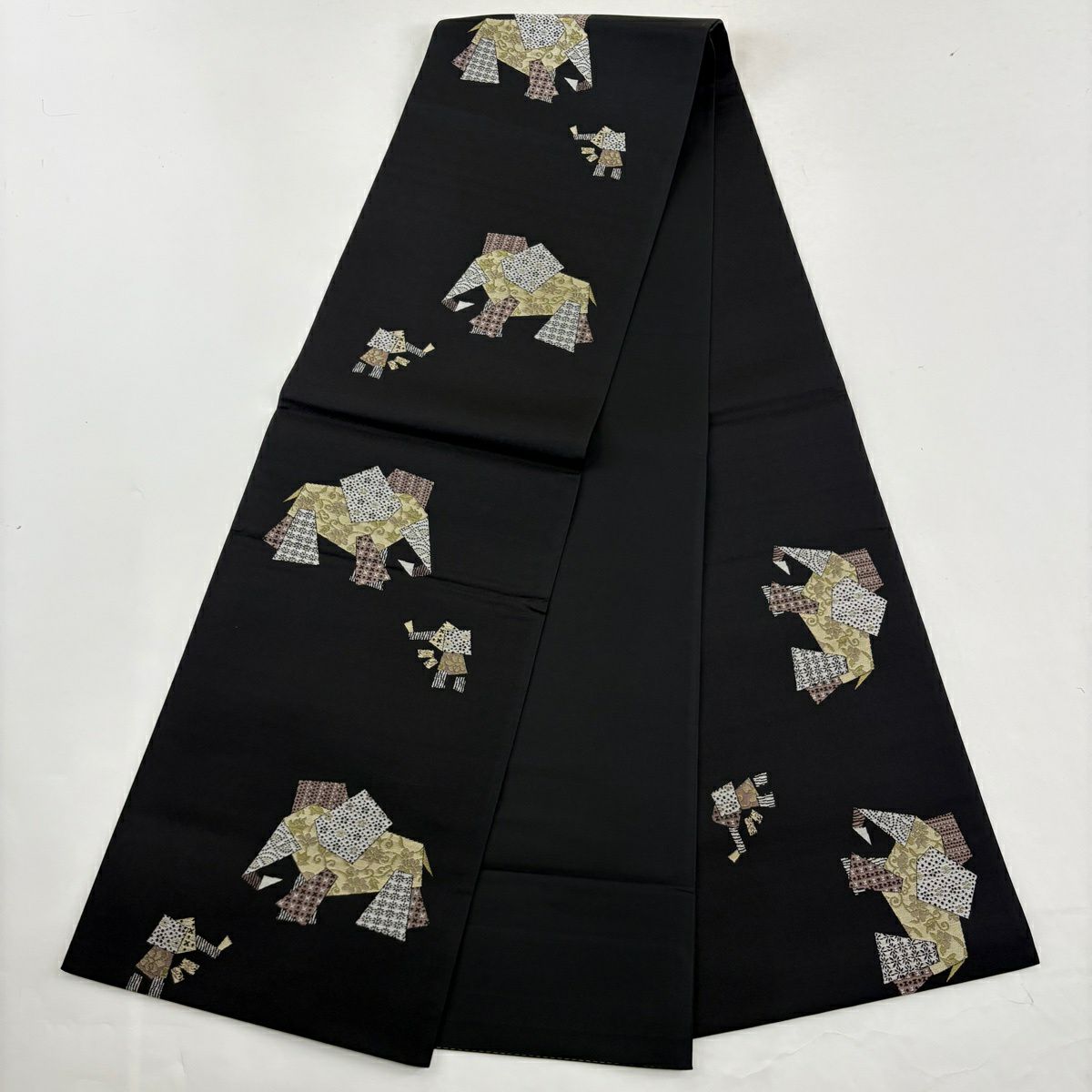 【美品】 小紋 身長157cm 袖長65cm M 雙層 袋帶套裝 流水 華紋 刺繡 抹茶 純蠶絲 秀品級