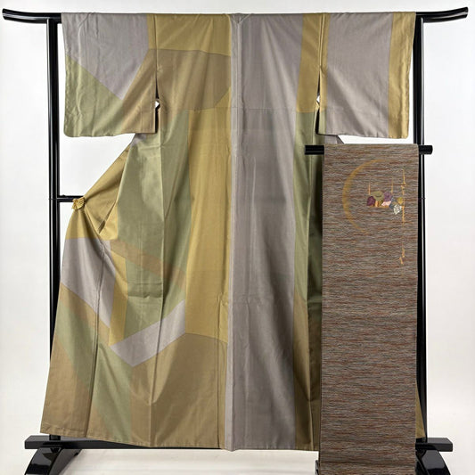 【美品】 付下 身長160cm 袖長63.5cm S 雙層 袋帶套裝 紬織織 幾何圖案 灰綠 純蠶絲 優品級