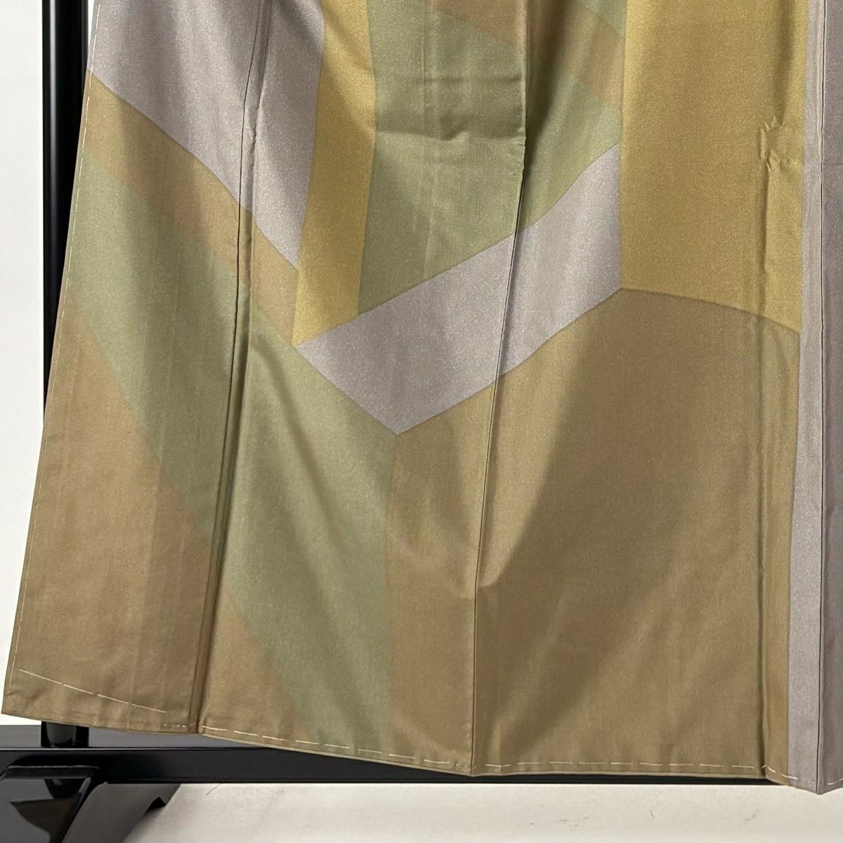 【美品】 付下 身長160cm 袖長63.5cm S 雙層 袋帶套裝 紬織織 幾何圖案 灰綠 純蠶絲 優品級