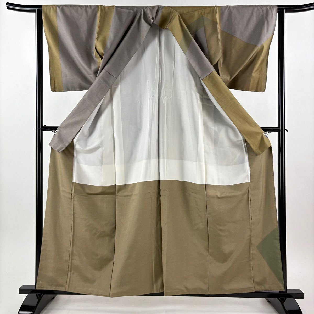 【美品】 付下 身長160cm 袖長63.5cm S 雙層 袋帶套裝 紬織織 幾何圖案 灰綠 純蠶絲 優品級