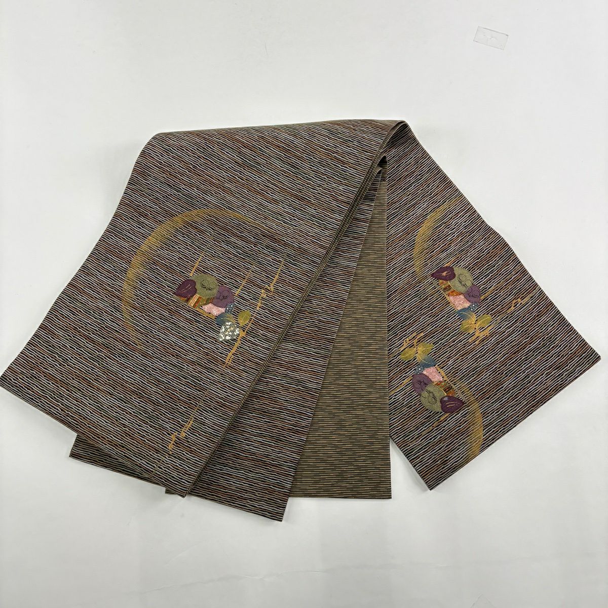 【美品】 付下 身長160cm 袖長63.5cm S 雙層 袋帶套裝 紬織織 幾何圖案 灰綠 純蠶絲 優品級