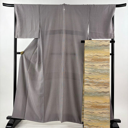 【美品】 江戶小紋 身長161cm 袖長68cm L 雙層 袋帶套裝 角通 灰紫 純蠶絲 秀品級 一つ紋