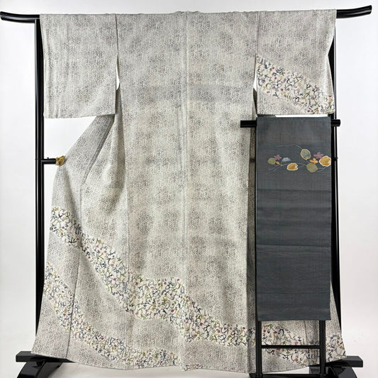 【美品】 付下 身長160.5cm 袖長66cm M 雙層 名古屋帶套裝 落款有 文字文 草花紋紋 漸層 灰色 純蠶絲 優品級