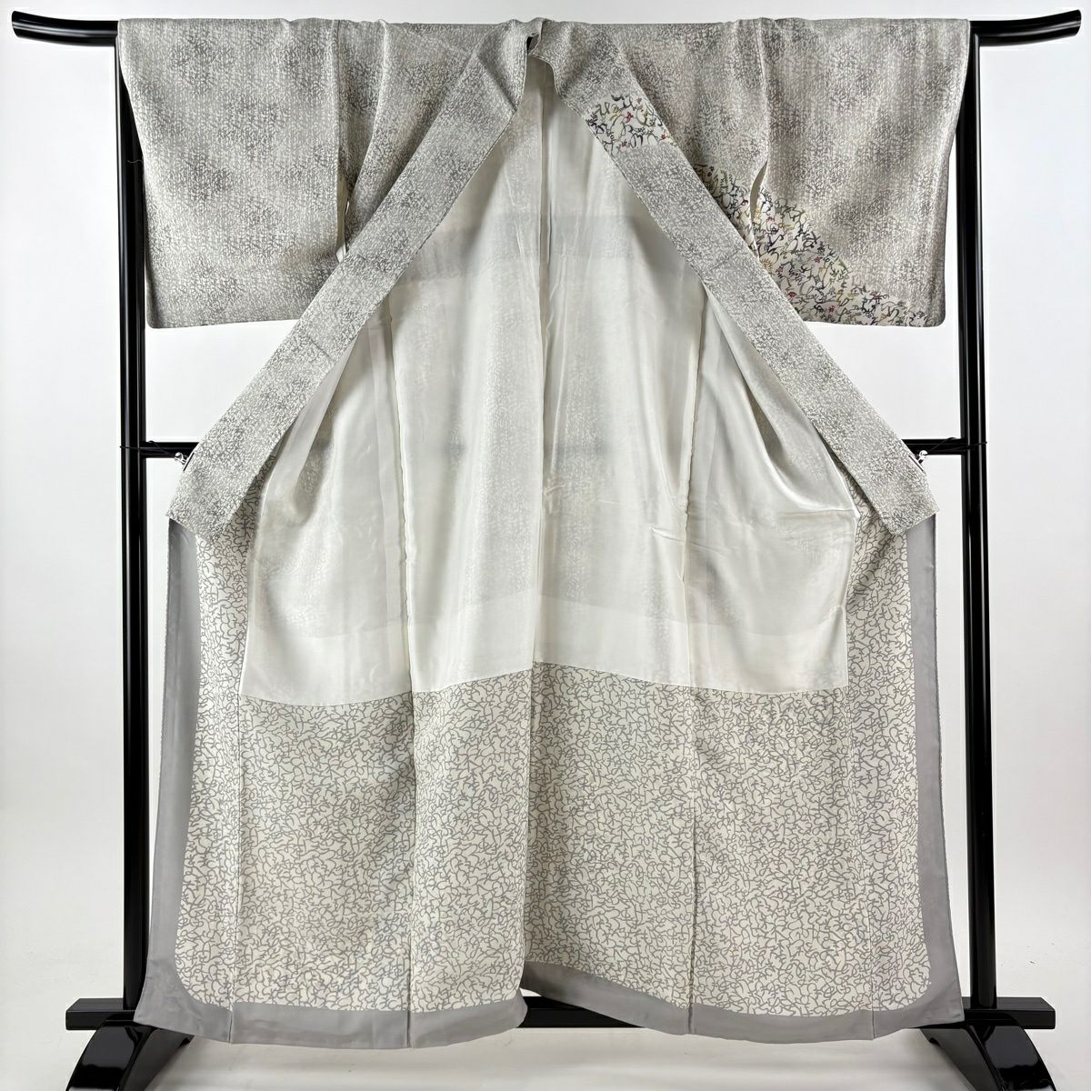【美品】 付下 身長160.5cm 袖長66cm M 雙層 名古屋帶套裝 落款有 文字文 草花紋紋 漸層 灰色 純蠶絲 優品級