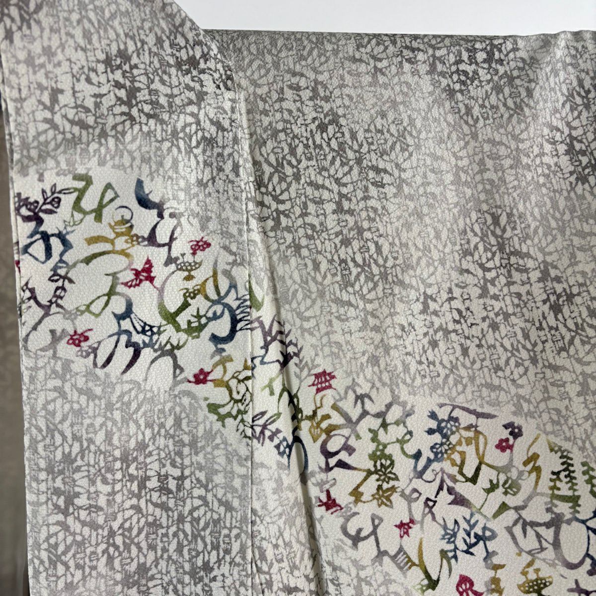 【美品】 付下 身長160.5cm 袖長66cm M 雙層 名古屋帶套裝 落款有 文字文 草花紋紋 漸層 灰色 純蠶絲 優品級