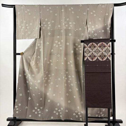 【美品】 付下 身長156cm 袖長64.5cm M 雙層 名古屋帶套裝櫻花 櫻花花瓣 漸層 淺紅 純蠶絲 優品級