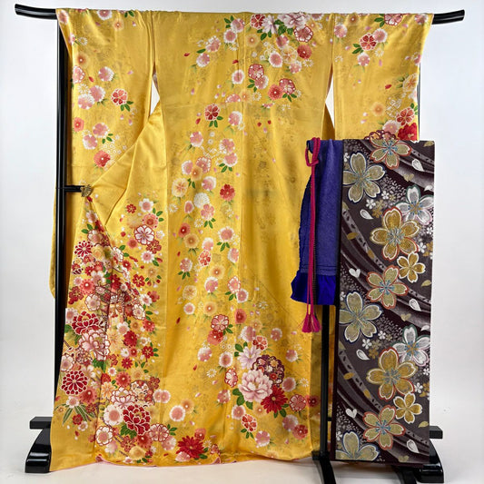 【美品】振袖禮服 身長174.5cm 袖長71.5cm L 雙層 袋帶全套 御所車 牡丹 金銀彩 山吹 純蠶絲 名品級