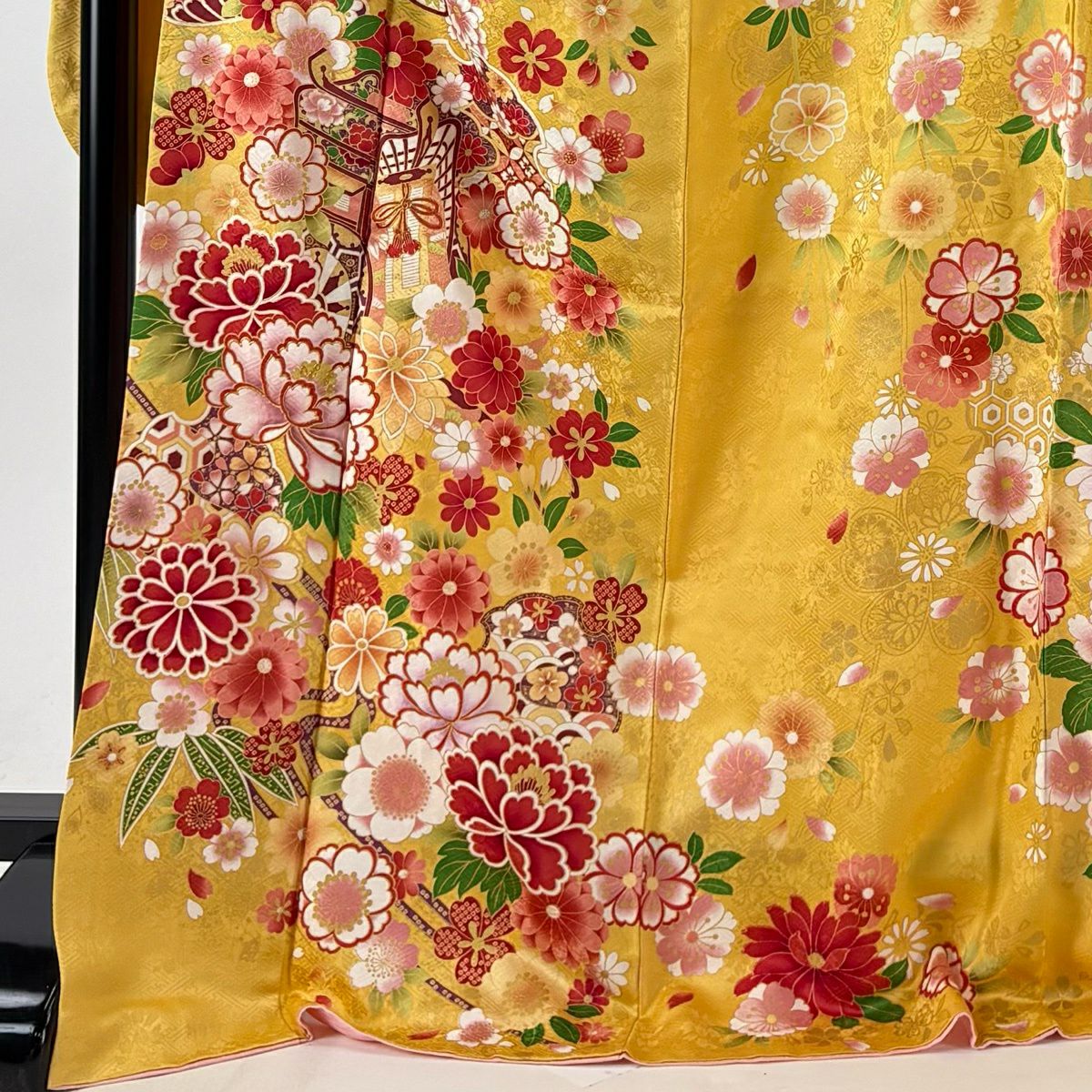 【美品】振袖禮服 身長174.5cm 袖長71.5cm L 雙層 袋帶全套 御所車 牡丹 金銀彩 山吹 純蠶絲 名品級