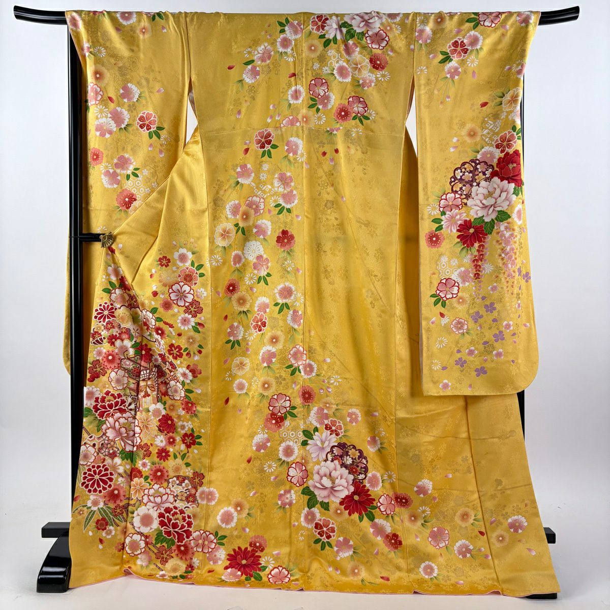 【美品】振袖禮服 身長174.5cm 袖長71.5cm L 雙層 袋帶全套 御所車 牡丹 金銀彩 山吹 純蠶絲 名品級