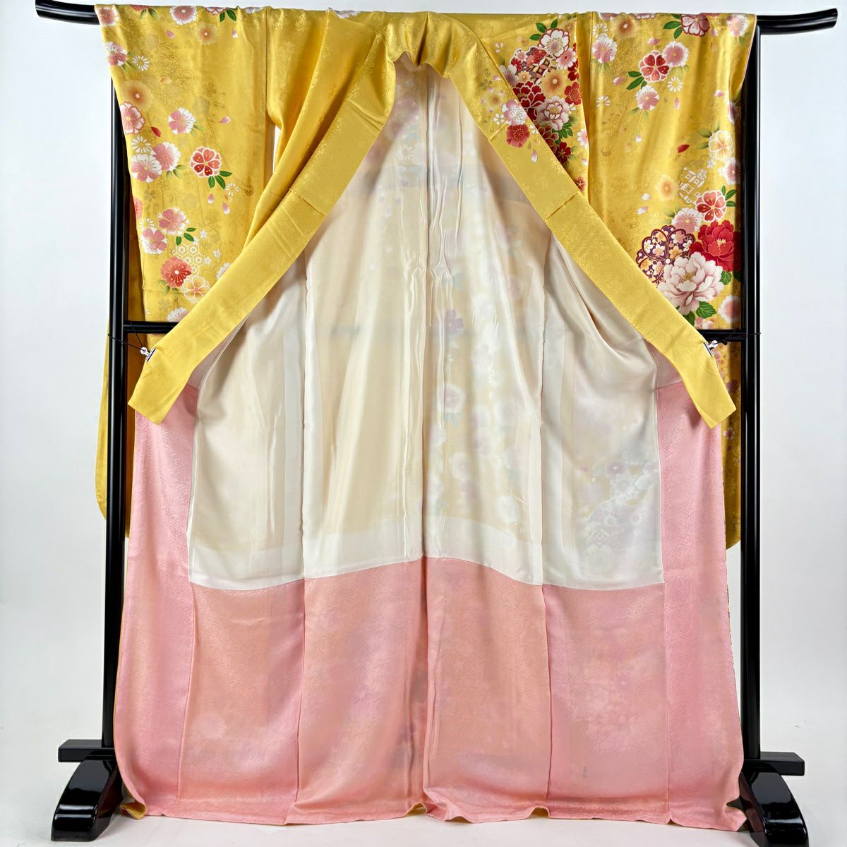 【美品】振袖禮服 身長174.5cm 袖長71.5cm L 雙層 袋帶全套 御所車 牡丹 金銀彩 山吹 純蠶絲 名品級