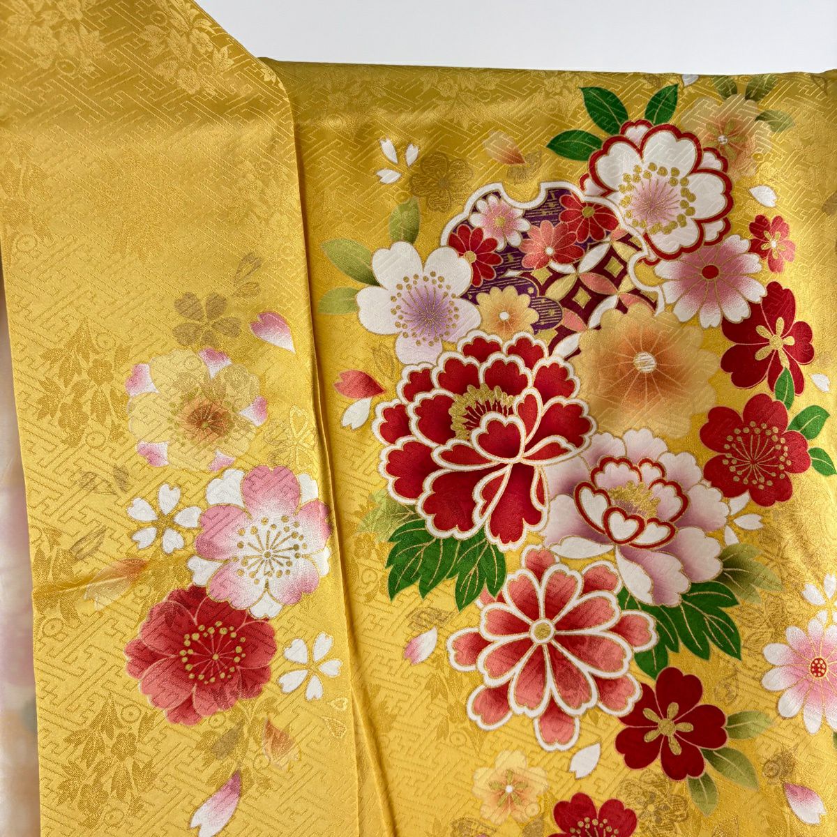 【美品】振袖禮服 身長174.5cm 袖長71.5cm L 雙層 袋帶全套 御所車 牡丹 金銀彩 山吹 純蠶絲 名品級