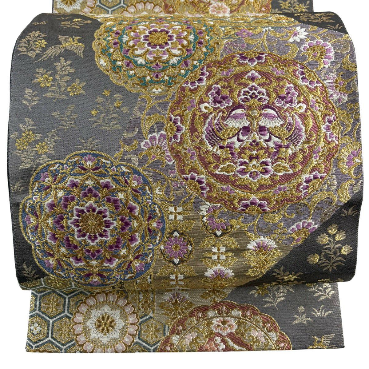 【美品】 袋帶 逸品級 じゅらく 落款あり じゅらく帝王紫 向鳥 華紋 金絲 金金箔 金色 大鼓圖案 純蠶絲