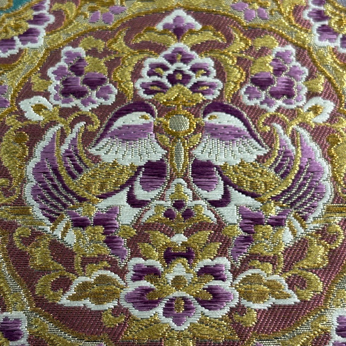 【美品】 袋帶 逸品級 じゅらく 落款あり じゅらく帝王紫 向鳥 華紋 金絲 金金箔 金色 大鼓圖案 純蠶絲