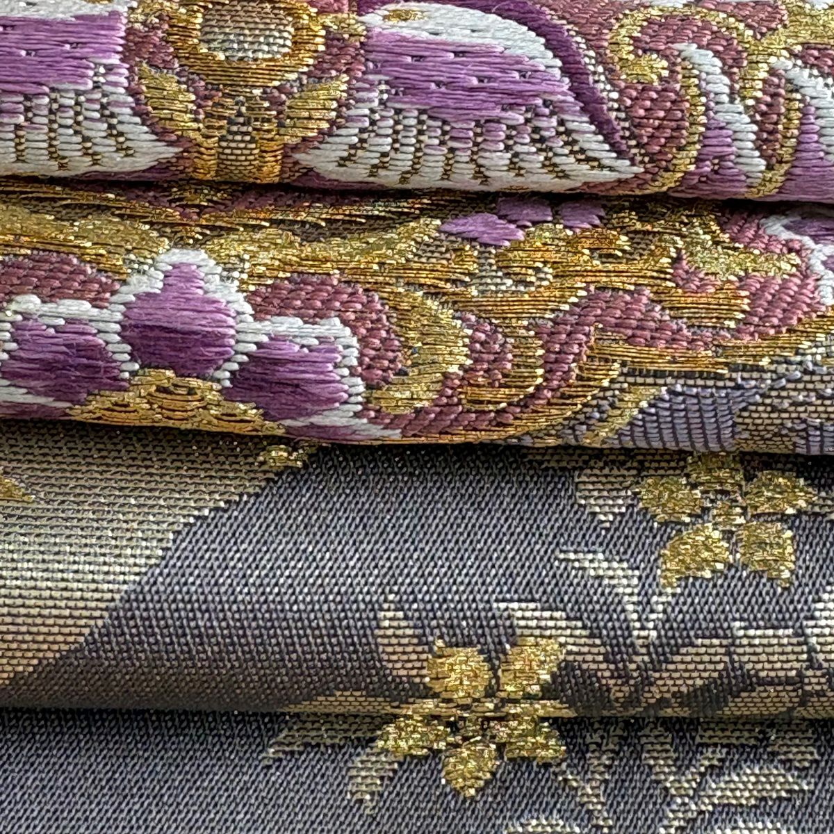 【美品】 袋帶 逸品級 じゅらく 落款あり じゅらく帝王紫 向鳥 華紋 金絲 金金箔 金色 大鼓圖案 純蠶絲