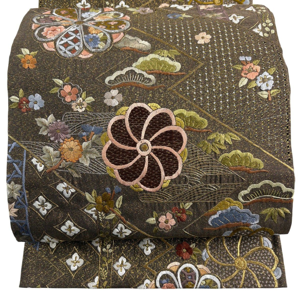 袋帶 逸品級 花 松樹竹子梅花 刺繡 金銀彩 金茶 六通 純蠶絲