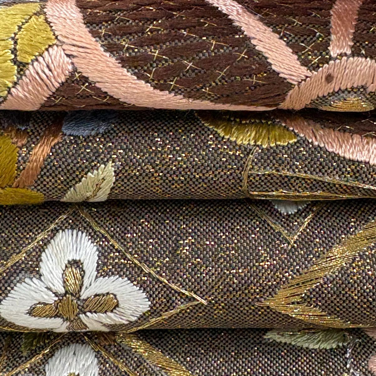 袋帶 逸品級 花 松樹竹子梅花 刺繡 金銀彩 金茶 六通 純蠶絲