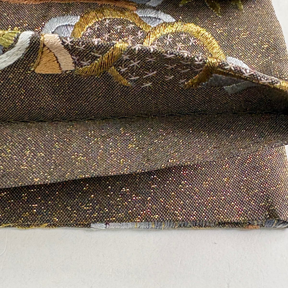 袋帶 逸品級 花 松樹竹子梅花 刺繡 金銀彩 金茶 六通 純蠶絲