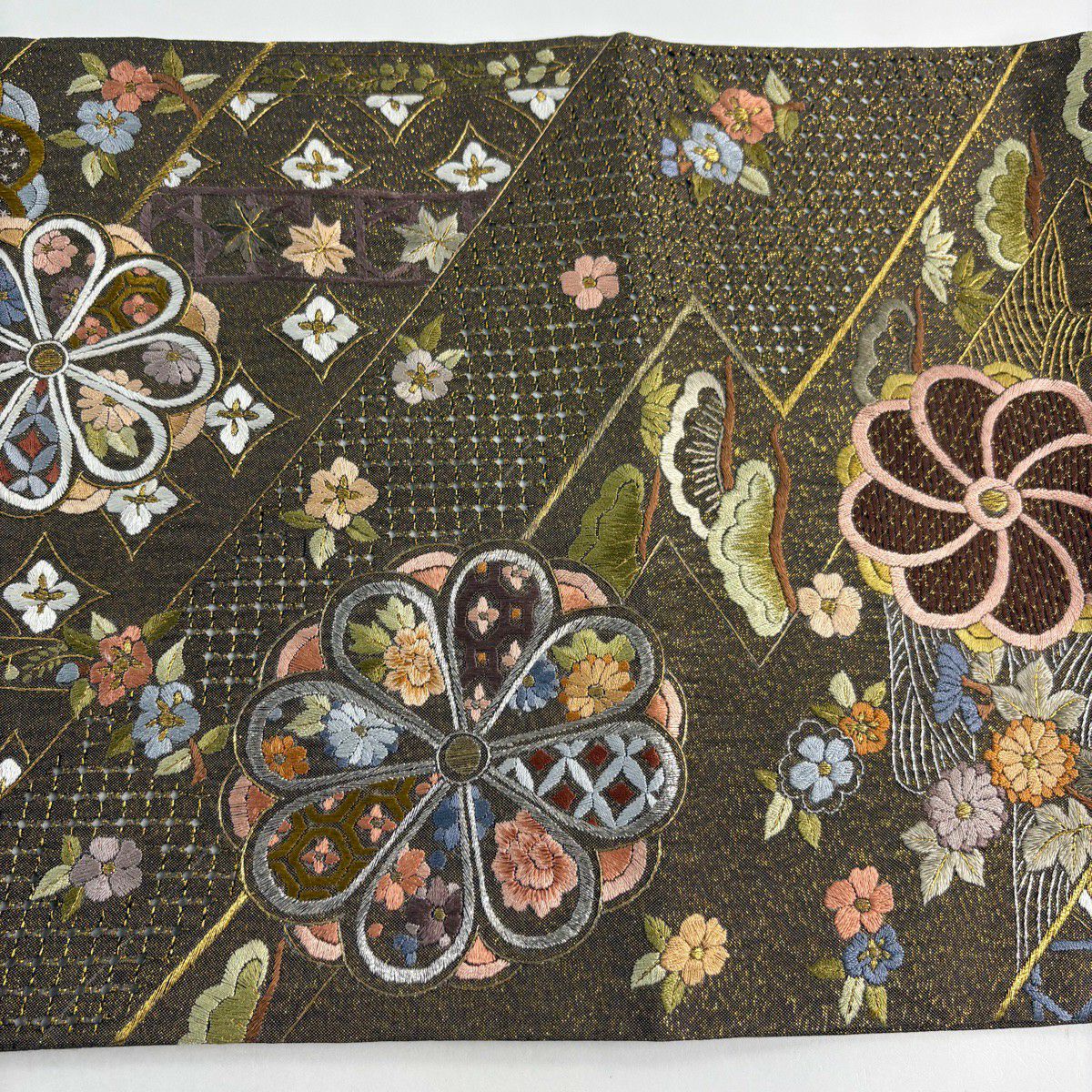 袋帶 逸品級 花 松樹竹子梅花 刺繡 金銀彩 金茶 六通 純蠶絲