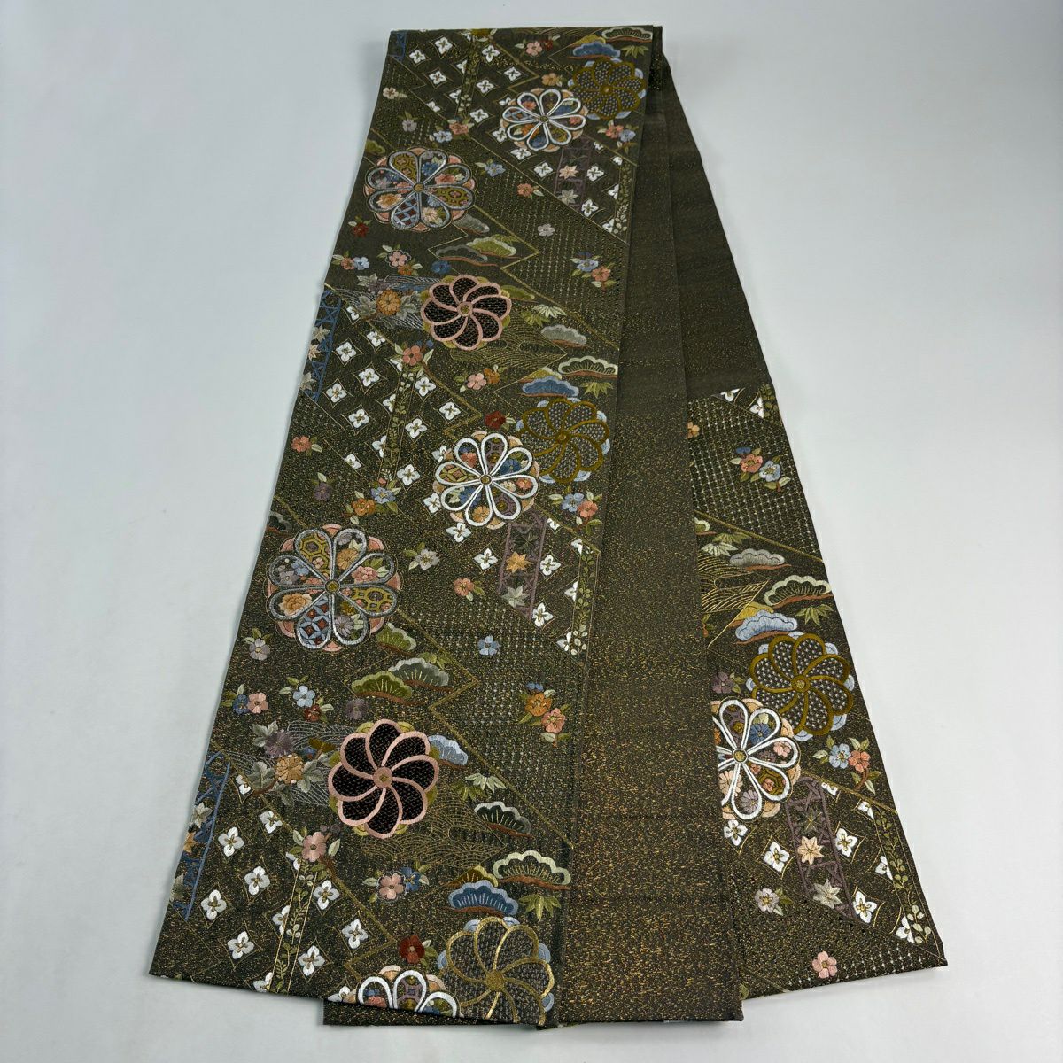 袋帶 逸品級 花 松樹竹子梅花 刺繡 金銀彩 金茶 六通 純蠶絲