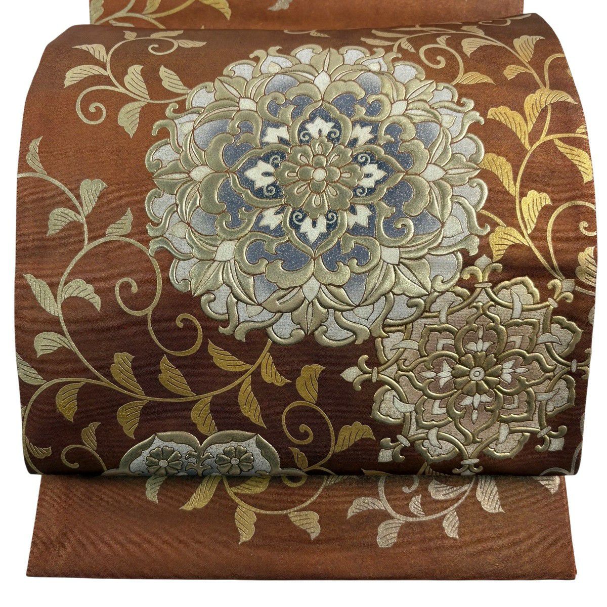 【美品】 袋帶 逸品級 和田光正 落款 華紋 唐草紋 金彩裝飾 紅茶 お太鼓圖案 純蠶絲