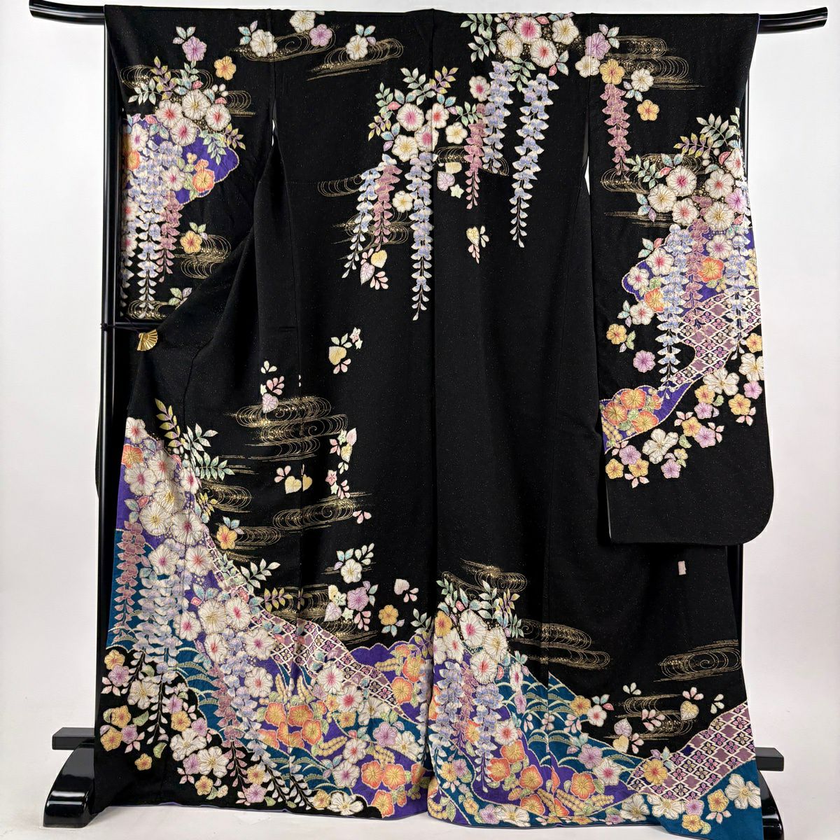 振袖禮服 身長171.5cm 袖長68cm L 雙層 徳永憲峯 落款あり 辻花染 流水 金通し 金銀彩 黑 純蠶絲 逸品級