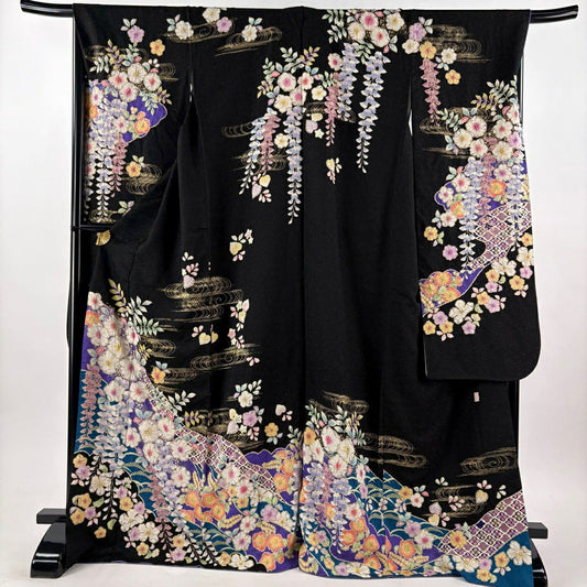 振袖禮服 身長171.5cm 袖長68cm L 雙層 徳永憲峯 落款あり 辻花染 流水 金通し 金銀彩 黑 純蠶絲 逸品級
