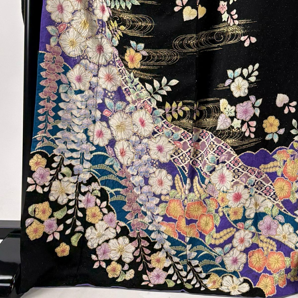 振袖禮服 身長171.5cm 袖長68cm L 雙層 徳永憲峯 落款あり 辻花染 流水 金通し 金銀彩 黑 純蠶絲 逸品級