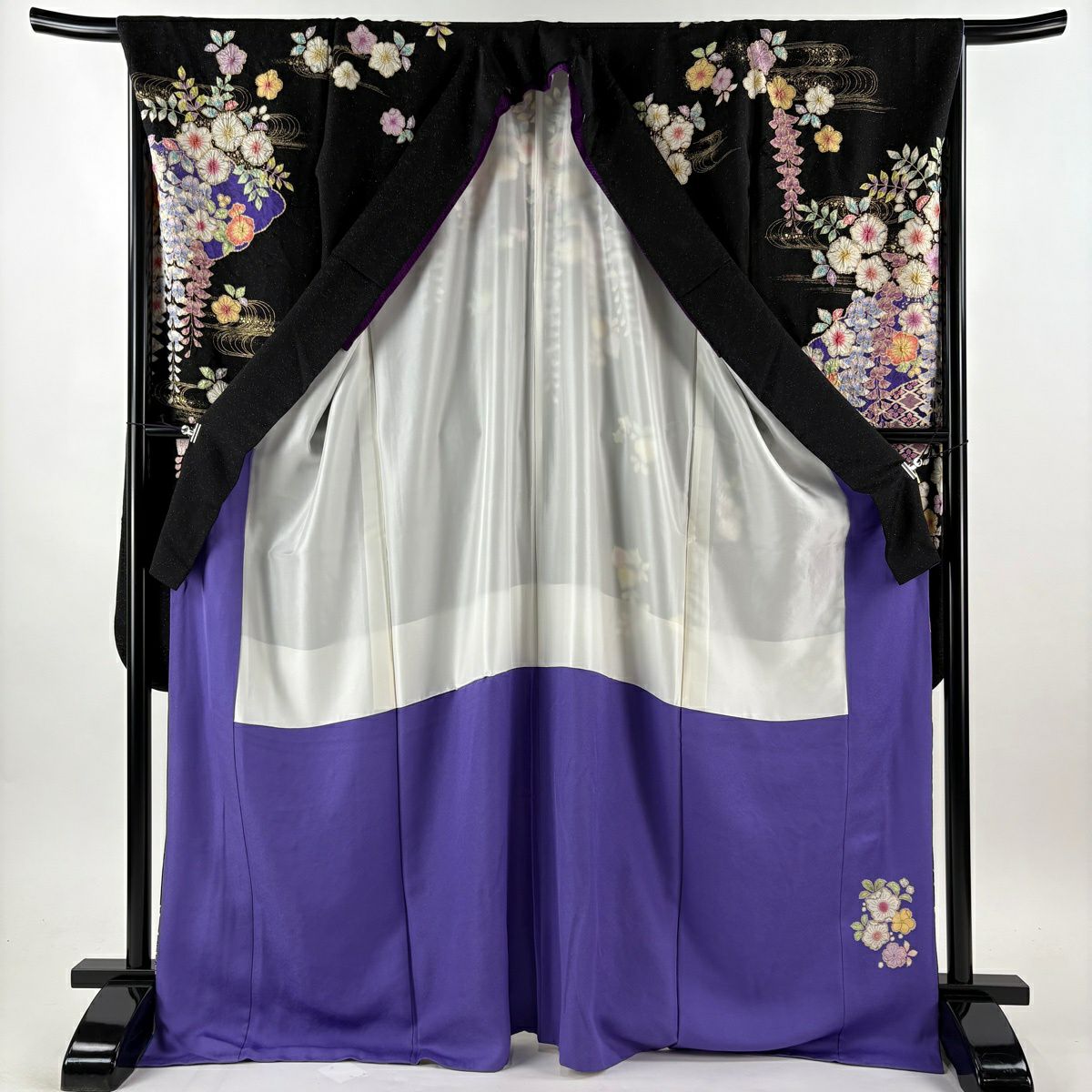 振袖禮服 身長171.5cm 袖長68cm L 雙層 徳永憲峯 落款あり 辻花染 流水 金通し 金銀彩 黑 純蠶絲 逸品級
