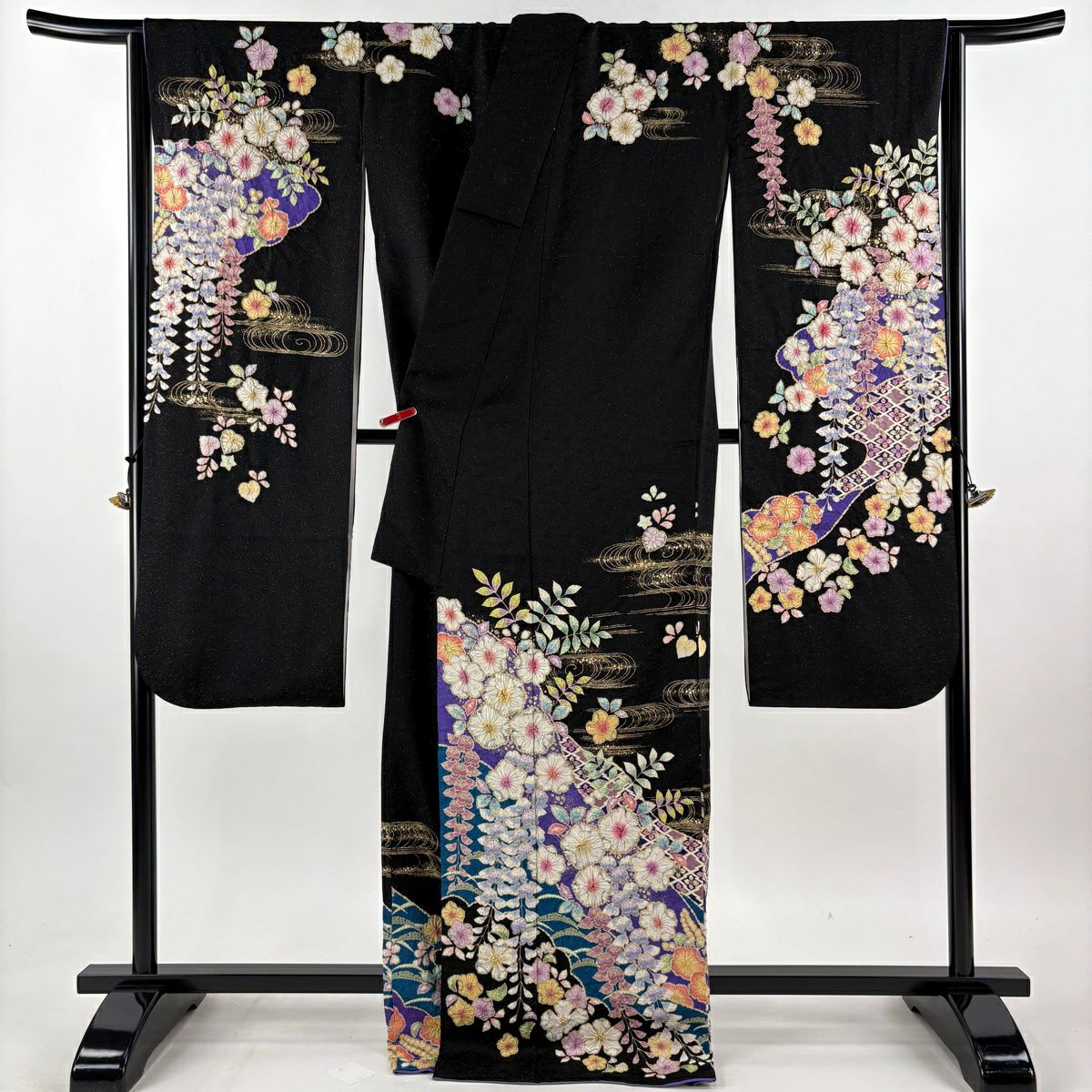 振袖禮服 身長171.5cm 袖長68cm L 雙層 徳永憲峯 落款あり 辻花染 流水 金通し 金銀彩 黑 純蠶絲 逸品級