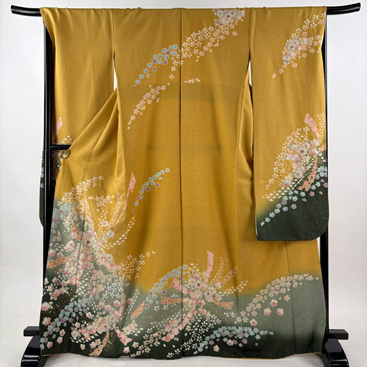 【美品】振袖禮服 身長169cm 袖長69.5cm L 雙層 德永憲峯 落款あり 辻花染 櫻花 金通し 金銀彩 山吹 純蠶絲 逸品級