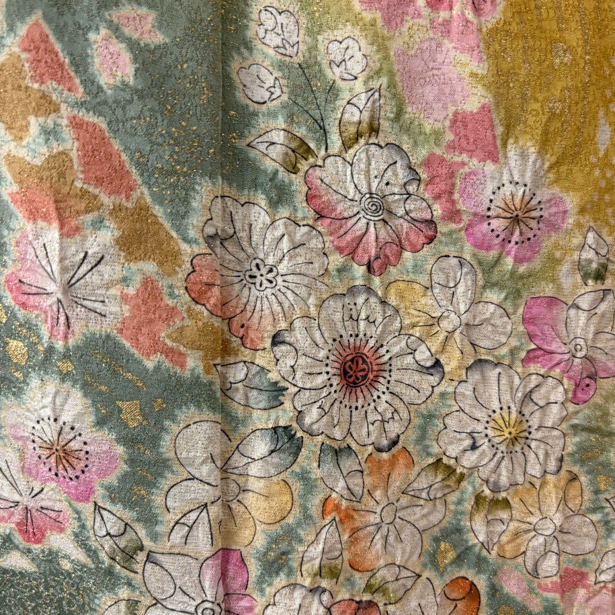 【美品】振袖禮服 身長169cm 袖長69.5cm L 雙層 德永憲峯 落款あり 辻花染 櫻花 金通し 金銀彩 山吹 純蠶絲 逸品級