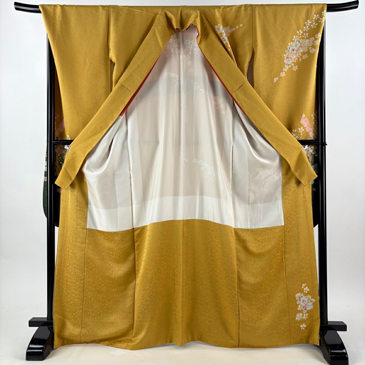 【美品】振袖禮服 身長169cm 袖長69.5cm L 雙層 德永憲峯 落款あり 辻花染 櫻花 金通し 金銀彩 山吹 純蠶絲 逸品級