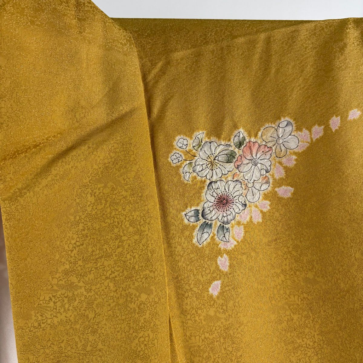 【美品】振袖禮服 身長169cm 袖長69.5cm L 雙層 德永憲峯 落款あり 辻花染 櫻花 金通し 金銀彩 山吹 純蠶絲 逸品級