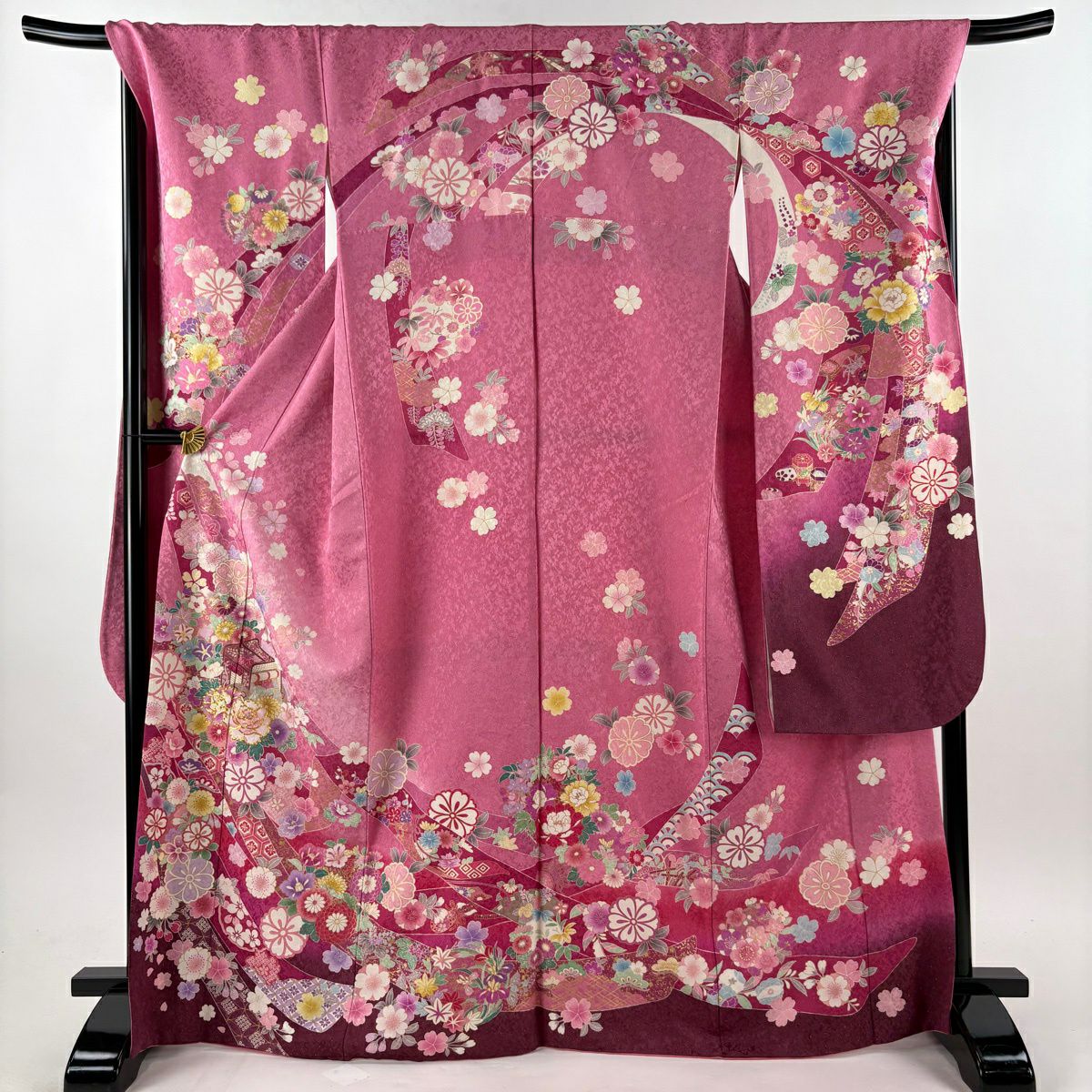 振袖禮服 身長168.5cm 袖長70.5cm L 雙層 御所車 櫻花 金糸 金通し 粉紅 純蠶絲 逸品級