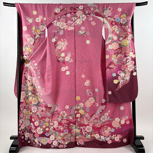振袖禮服 身長168.5cm 袖長70.5cm L 雙層 御所車 櫻花 金糸 金通し 粉紅 純蠶絲 逸品級