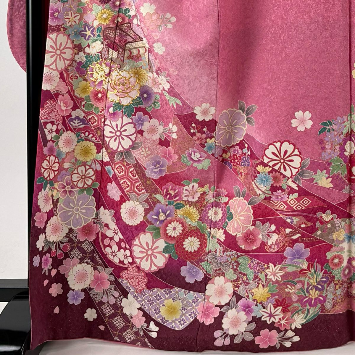 振袖禮服 身長168.5cm 袖長70.5cm L 雙層 御所車 櫻花 金糸 金通し 粉紅 純蠶絲 逸品級