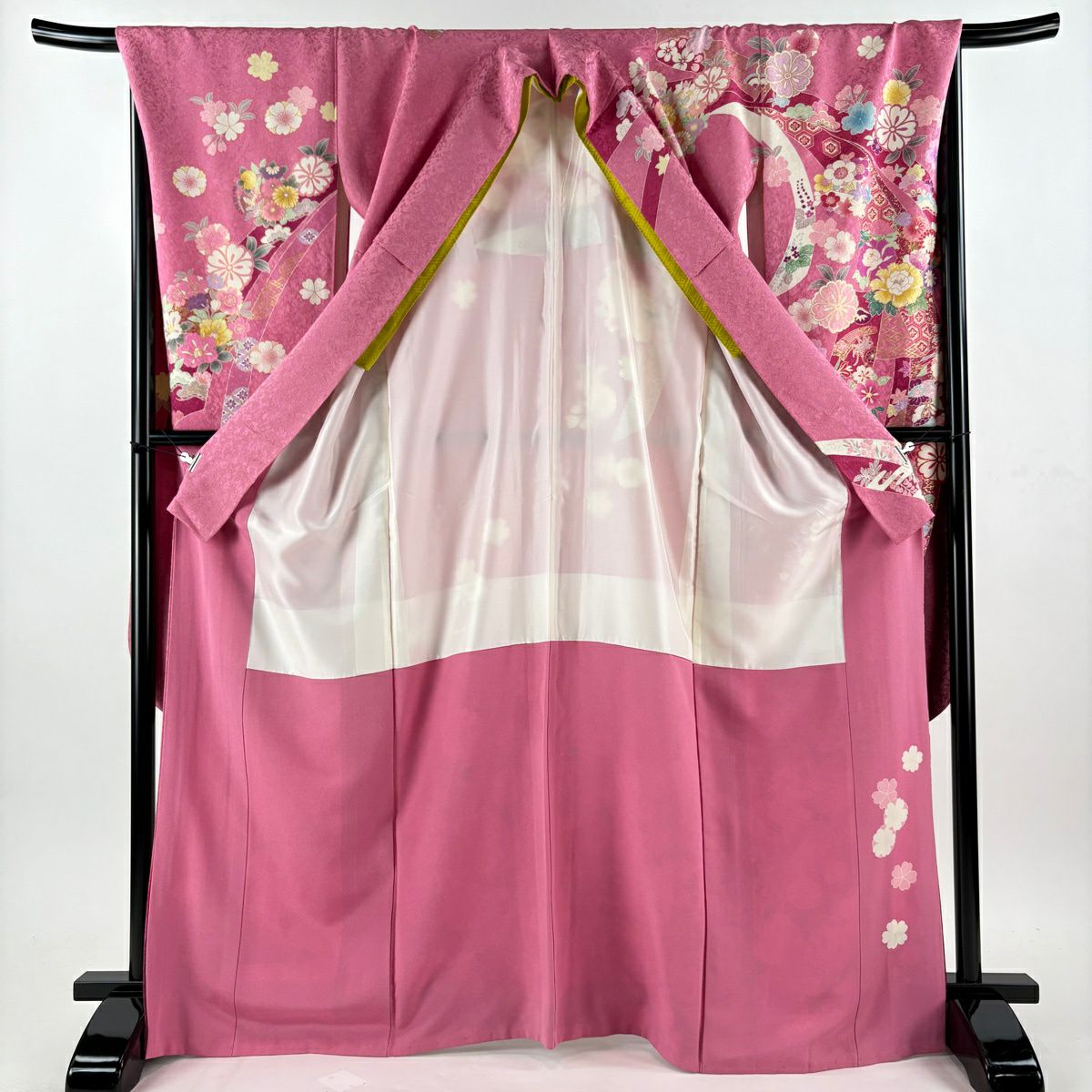 振袖禮服 身長168.5cm 袖長70.5cm L 雙層 御所車 櫻花 金糸 金通し 粉紅 純蠶絲 逸品級