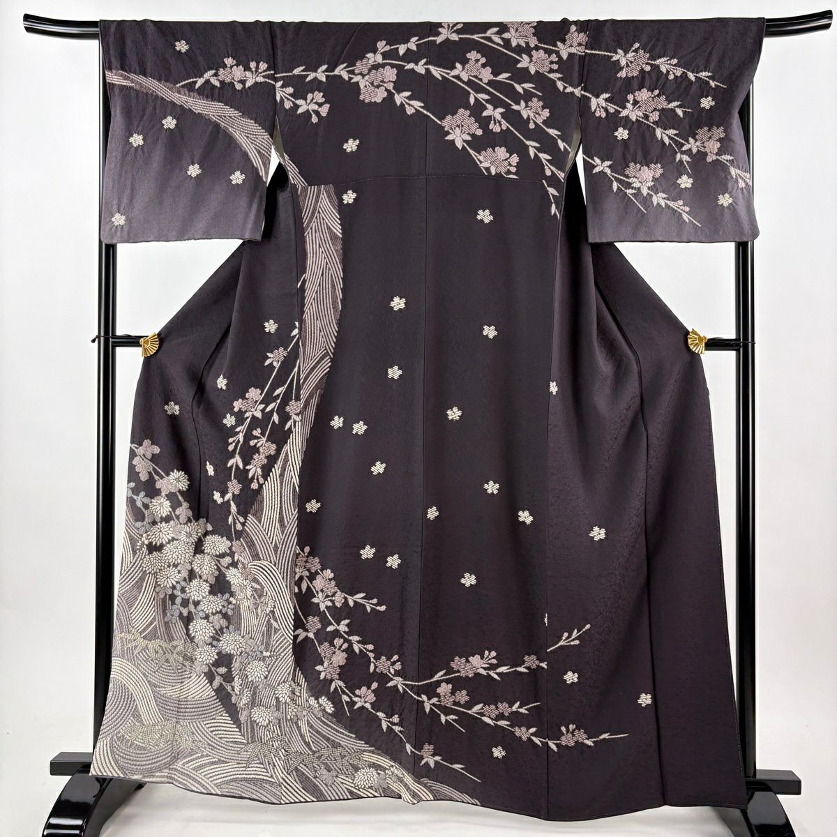 訪問服 身長163cm 袖長69cm L 雙層 菊花花 櫻花 絞染 金銀彩 灰紫 純蠶絲 逸品級