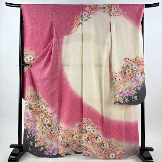 振袖禮服 身長165.5cm 袖長66.5cm M 雙層 辻花染 波 金通 金銀彩 粉紅 純蠶絲 逸品級