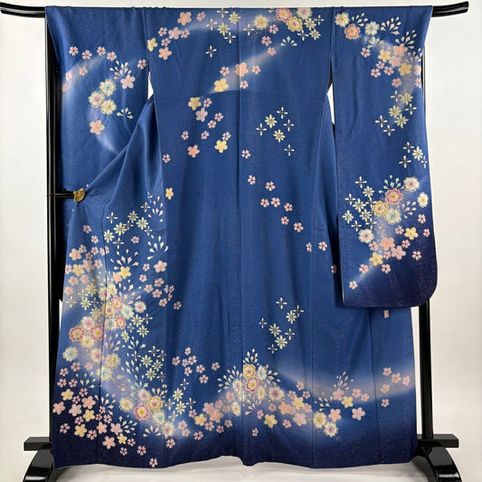 振袖禮服 身長165cm 袖長68.5cm L 雙層 徳永憲峯 落款あり 櫻花 金通し 絞染 青 純蠶絲 逸品級