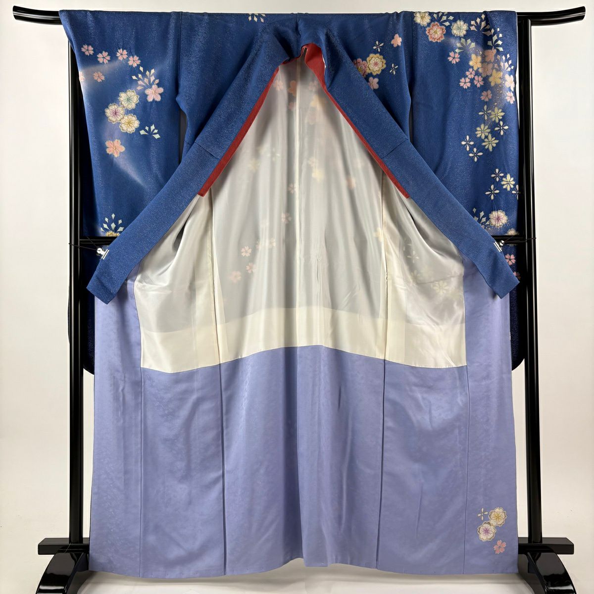 振袖禮服 身長165cm 袖長68.5cm L 雙層 徳永憲峯 落款あり 櫻花 金通し 絞染 青 純蠶絲 逸品級