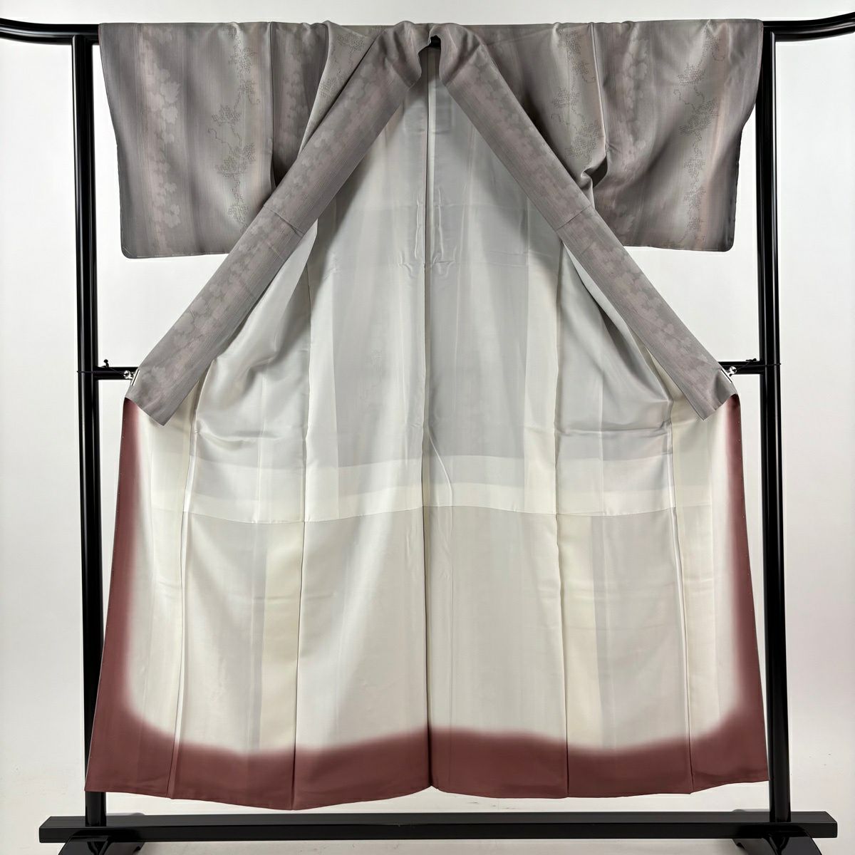 【美品】結城紬織 身長154.5cm 袖長64cm M 雙層 はたおり娘 やまと 證書あり 葉紋 剪影 灰紫 純蠶絲 逸品級