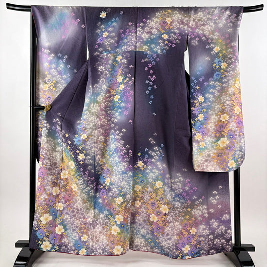 【美品】振袖禮服 身長162.5cm 袖長69.5cm L 雙層 櫻花 金銀彩 紫 純蠶絲 逸品級
